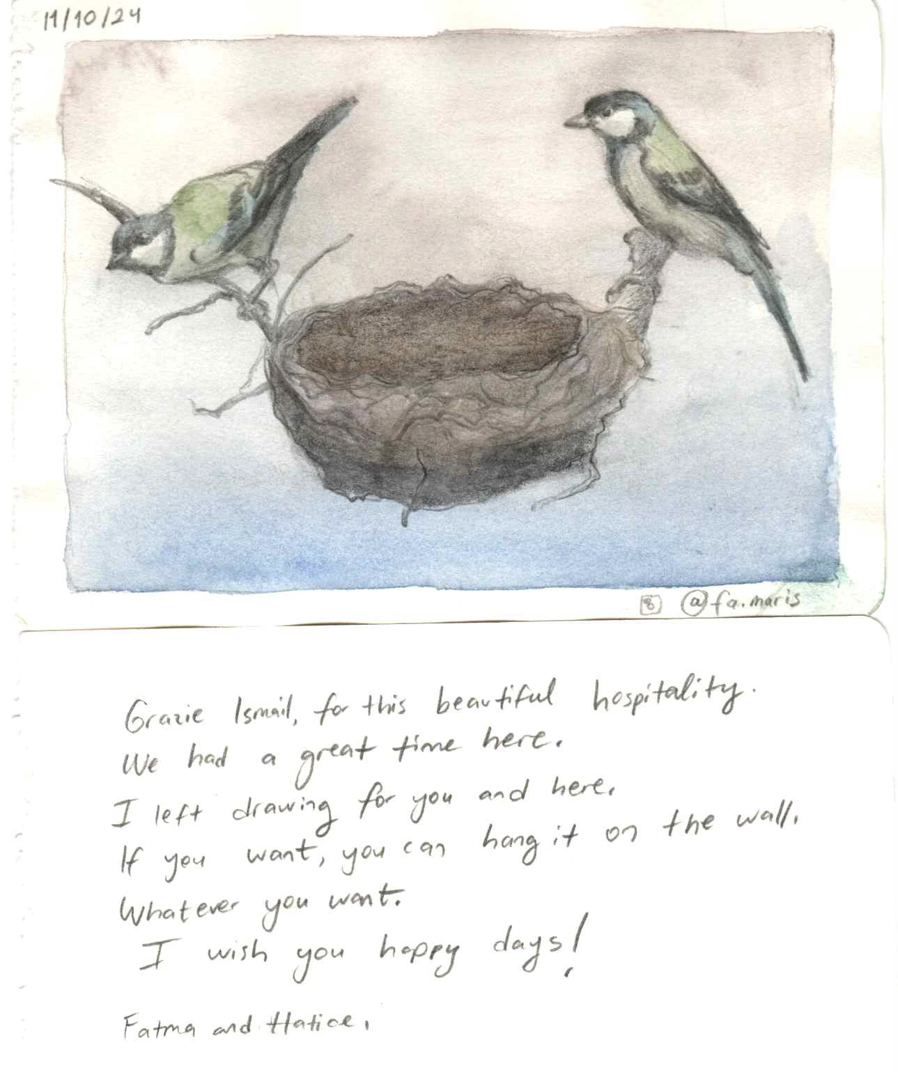 Cartolina disegnata e lasciata in regalo da Fatma e Hatice dopo il loro soggiorno
